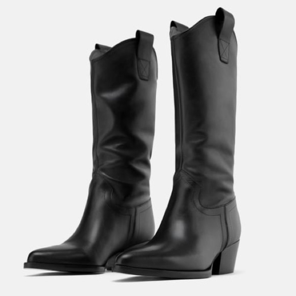 Zara NWT black leather cowboy boots size 9